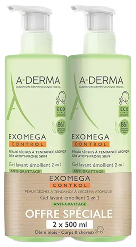A-DERMA Exomega Control Anti-Kratzen 2in1 Erweichendes Reinigendes Gel Packung von 2 x 500 ml