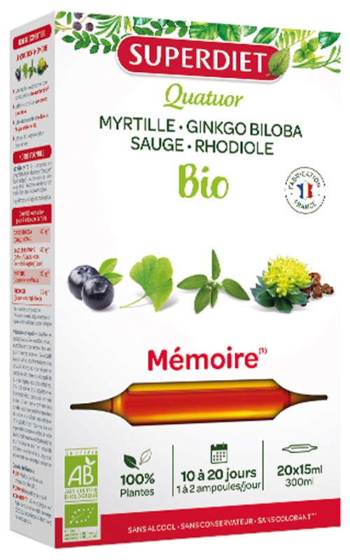 Superdiet Quatuor Bio Blaubeere, Rhodiola, Ginkgo, Salbei Gedächtnis 20 Ampullen