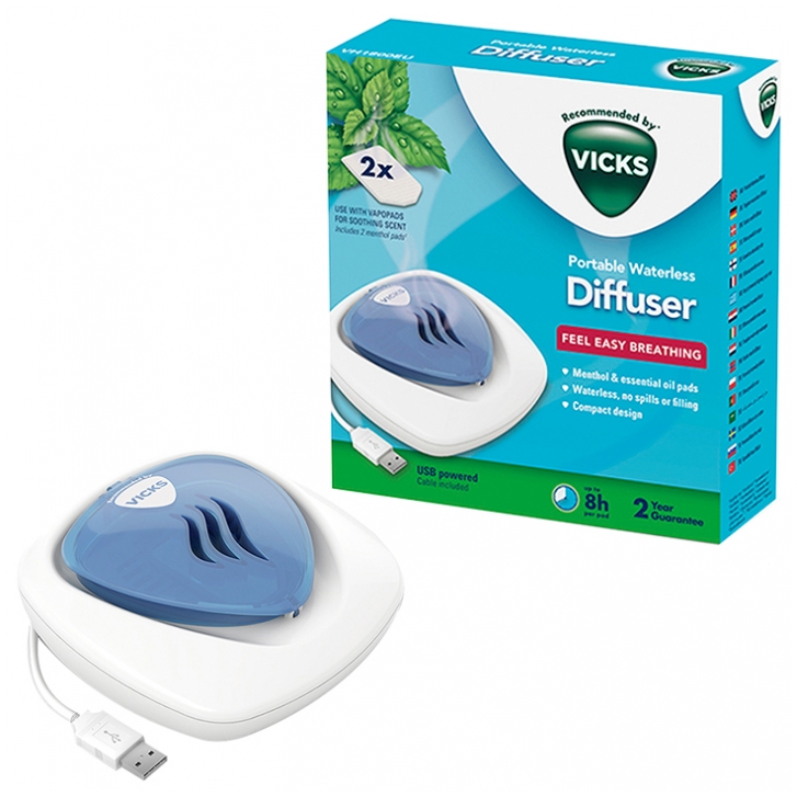 Vicks Wasserloser Tragbarer Diffusor + VapoPads 2 Nachfüllungen mit Menthol-Duft